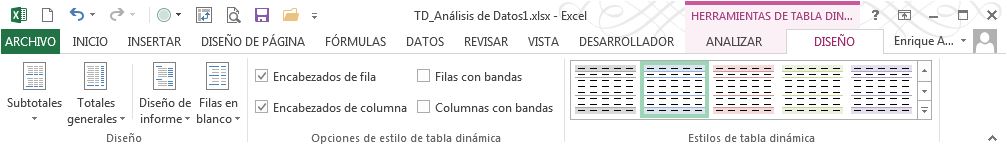 pestaña Diseño de la cinta de opciones