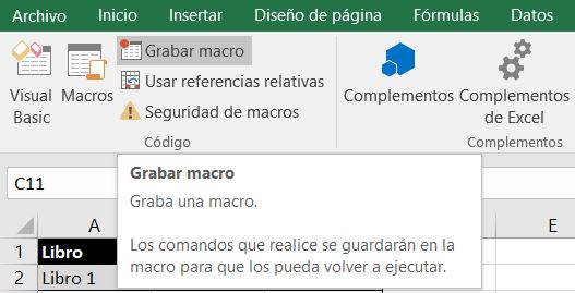Botón "grabar macro" en la pestaña "Desarrollador"